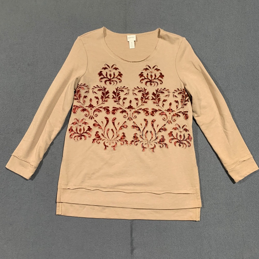 Zenergy by Chico's Tan Brown Fall Leaf Design Crew Neck Long Sleeve Top Size M